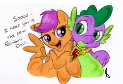 Size: 1571x1072 | Tagged: safe, artist:littletiger488, scootaloo, spike, g4, element of loyalty, female, male, new rainbow dash, ship:scootaspike, shipping, straight