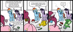 Size: 1000x439 | Tagged: safe, artist:madmax, gummy, pinkie pie, rainbow dash, twilight sparkle, pegasus, pony, unicorn, g4, apple, butt, comic, eyes on the prize, female, food, horseshoes, lesbian, looking at butt, mare, plot, poké ball, pokémon, raised tail, ship:pinkiedash, shipping, tail, wingboner