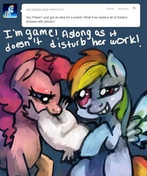 Size: 670x800 | Tagged: dead source, safe, artist:dhui, pinkie pie, rainbow dash, ask tired pie, g4, female