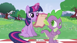 Size: 1366x768 | Tagged: safe, edit, edited screencap, screencap, spike, twilight sparkle, dragon, pony, unicorn, a canterlot wedding, g4, caption, female, levitation, magic, male, mare, sitting, telekinesis, youtube caption, youtube link