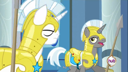 Size: 1366x768 | Tagged: safe, screencap, pony, unicorn, a canterlot wedding, g4, armor, duo, duo male, eyes closed, golden eyes, grainy, gray coat, gray fur, helmet, hub logo, looking at someone, low quality, male, meme, open mouth, royal guard, spear, stallion, tail, two toned hair, two toned mane, two toned tail, unicorn royal guard, weapon, white coat, white fur, white hair, white mane, white tail, youtube caption, youtube link