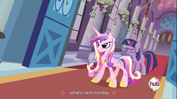 Size: 1366x768 | Tagged: safe, screencap, princess cadance, twilight sparkle, g4, hub logo, youtube caption, youtube link