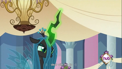 Size: 1366x768 | Tagged: safe, screencap, queen chrysalis, changeling, changeling queen, g4, female, flu, youtube caption, youtube link