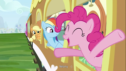 Size: 1366x768 | Tagged: safe, screencap, applejack, pinkie pie, rainbow dash, g4, female, youtube caption, youtube link