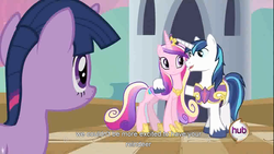 Size: 1366x768 | Tagged: safe, screencap, princess cadance, shining armor, twilight sparkle, alicorn, pony, reindeer, unicorn, g4, female, male, mare, ship:shiningcadance, shipping, stallion, straight, youtube caption, youtube link