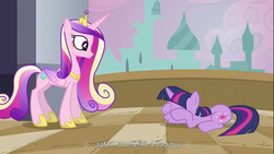 Size: 1366x768 | Tagged: safe, screencap, princess cadance, twilight sparkle, alicorn, pony, unicorn, g4, concave belly, duo, female, mare, side view, slender, thin, youtube caption, youtube link