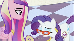 Size: 1366x768 | Tagged: safe, screencap, princess cadance, rarity, g4, glasses, hub logo, measuring tape, rarity's glasses, youtube caption, youtube link