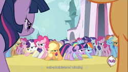 Size: 1366x768 | Tagged: safe, screencap, applejack, fluttershy, pinkie pie, rainbow dash, rarity, twilight sparkle, a canterlot wedding, g4, female, youtube caption, youtube link