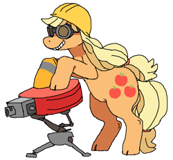 Size: 604x560 | Tagged: safe, artist:ginsengandhoney, applejack, pony, g4, bipedal, bipedal leaning, clothes, cloven hooves, crossover, female, gloves, goggles, hard hat, sentry gun, simple background, smiling, solo, team fortress 2, white background
