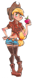 Size: 900x2113 | Tagged: safe, artist:akikodestroyer, applejack, human, g4, applejack's hat, belly button, boots, clothes, cowboy boots, cowboy hat, daisy dukes, female, front knot midriff, hat, humanized, midriff, obligatory apple, simple background, solo, traditional art