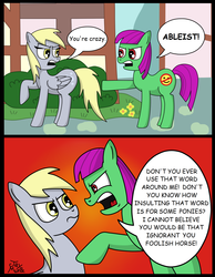 Size: 1760x2264 | Tagged: safe, artist:jay muniz, derpy hooves, oc, oc:bitchy fits, pegasus, pony, g4, ableism, derpygate, eye contact, female, frown, glare, looking back, mare, open mouth, raised hoof, social justice warrior, underp