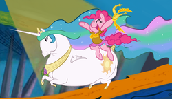 Size: 1400x806 | Tagged: safe, artist:php27, pinkie pie, princess celestia, alicorn, earth pony, horse, pony, g4, chubbylestia, fat, looney tunes, parody, pinkie pie riding celestia, ponies riding horses, ponies riding ponies, riding, what's opera doc