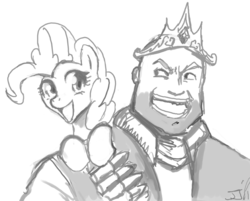 Size: 900x724 | Tagged: safe, artist:johnjoseco, pinkie pie, earth pony, human, pony, g4, crossover, crown, duo, grayscale, heavy weapons guy, jewelry, looking at each other, monochrome, smiling, team fortress 2, tiara