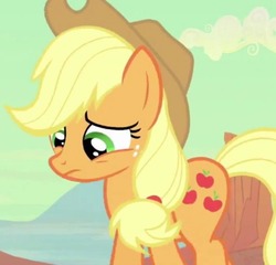 Size: 500x479 | Tagged: safe, applejack, earth pony, pony, g4, my little pony: friendship is magic, the last roundup, female, sad, solo