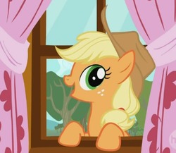 Size: 500x433 | Tagged: safe, screencap, applejack, earth pony, pony, g4, female, mare, open mouth, solo, window