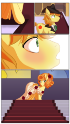 Size: 941x1652 | Tagged: dead source, safe, artist:the-orator, braeburn, carrot top, golden harvest, earth pony, pony, g4, alternate hairstyle, carrotburn, clothes, comic, dress, female, male, mare, shipping, stairs, stallion, straight