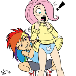 Size: 1280x1280 | Tagged: safe, artist:megasweet, fluttershy, rainbow dash, human, g4, blue panties, blue underwear, bunny print underwear, child, clothes, embarrassed, embarrassed underwear exposure, female, girly girl, humanized, humiliation, legs, panties, prank, silly panties, skirt, skirt lift, surprised, teenager, tomboy, underwear, upskirt, young, younger