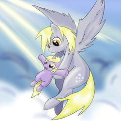 Size: 1500x1500 | Tagged: safe, artist:nidoranity, derpy hooves, dinky hooves, pegasus, pony, g4, equestria's best mother, female, flying, mare, sky