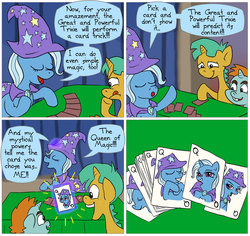 Size: 850x804 | Tagged: safe, artist:fadri, snails, snips, trixie, comic:and that's how equestria was made, g4, card, card trick, comic, dialogue, magic trick, trixie's fans