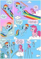 Size: 850x1202 | Tagged: safe, artist:fadri, pinkie pie, rainbow dash, earth pony, pegasus, pony, comic:and that's how equestria was made, g4, ..., anatomically incorrect, bait and switch, cloud, cloudy, comic, flying, incorrect leg anatomy, pinkie being pinkie, shocked, stilts