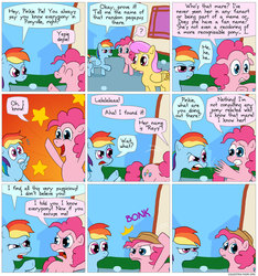 Size: 850x907 | Tagged: safe, artist:fadri, pinkie pie, rainbow dash, sunny rays, comic:and that's how equestria was made, g4, breaking the fourth wall, comic, flailing, fourth wall, in-universe pegasister, liar face, liarpony