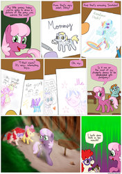 Size: 850x1205 | Tagged: safe, artist:fadri, apple bloom, cheerilee, derpy hooves, diamond tiara, rainbow dash, scootaloo, silver spoon, snips, trixie, twist, pegasus, pony, comic:and that's how equestria was made, g4, comic, female, mare, not creepy, obsession, sweat, sweatdrop