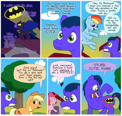 Size: 850x807 | Tagged: safe, artist:fadri, applejack, pinkie pie, rainbow dash, comic:and that's how equestria was made, g4, batman, comic, crossover