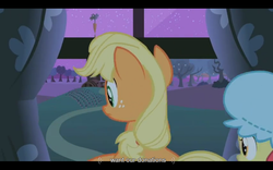 Size: 1024x640 | Tagged: safe, edit, edited screencap, screencap, apple bloom, applejack, earth pony, pony, family appreciation day, g4, season 2, caption, carrot, curtains, duo, female, filly, foal, food, hat, hatless, mare, meme, missing accessory, night, nightcap, orchard, sweet apple acres, text, tree, window, youtube caption