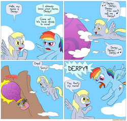 Size: 850x809 | Tagged: safe, artist:fadri, derpy hooves, rainbow dash, pegasus, pony, comic:and that's how equestria was made, g4, comic, female, mare