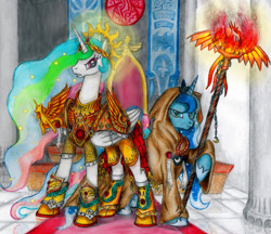 Size: 1024x884 | Tagged: safe, artist:salahir, princess celestia, princess luna, alicorn, phoenix, pony, g4, armor, colored pencil drawing, crossover, duo, empress, female, god empress of ponykind, god-emperor of mankind, hoof shoes, malcador the sigillite, mare, psyker, robes, royal sisters, sisters, staff, this will end in death, this will end in tears, this will end in tears and/or death, traditional art, warhammer (game), warhammer 40k