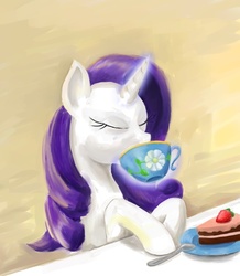 Size: 784x900 | Tagged: safe, artist:steamroller988, rarity, pony, g4, cake, cup, food, plate, solo, spoon, tea, teacup