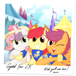 Size: 2000x2000 | Tagged: safe, artist:equestria-prevails, apple bloom, scootaloo, sweetie belle, earth pony, pegasus, pony, unicorn, adorabloom, applejack's hat, clothes, cowboy hat, cute, cutealoo, cutie mark crusaders, diasweetes, female, filly, foal, handkerchief, happy, hat, high res, hug, one eye closed, photo, polaroid, scarf, wink, wish you were here