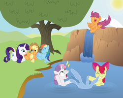 Size: 1784x1420 | Tagged: safe, artist:shakey, apple bloom, applejack, rainbow dash, rarity, scootaloo, sweetie belle, earth pony, pegasus, pony, unicorn, g4, cutie mark crusaders, day, female, filly, foal, lake, lying down, mare, sun, swimming, tree, waterfall