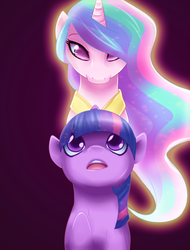 Size: 3200x4200 | Tagged: safe, artist:camellia, princess celestia, twilight sparkle, g4, admiration, high res, looking up, simple background