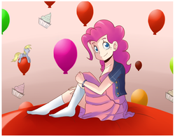 Size: 1279x1000 | Tagged: dead source, safe, artist:sallymon, derpy hooves, pinkie pie, human, pony, g4, balloon, bracelet, clothes, cupcake, denim jacket, duo, food, humanized, jewelry, light skin, skirt, socks