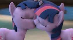 Size: 910x503 | Tagged: dead source, safe, artist:twily404, twilight sparkle, changeling, pony, unicorn, g4, 3d, clone, disguise, disguised changeling, duo, eyes closed, female, kiss on the lips, kissing, lesbian, mare, selfcest, ship:twitwi, shipping, source filmmaker, twolight, unicorn twilight, video at source