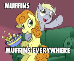 Size: 601x500 | Tagged: safe, artist:elosande, edit, carrot top, derpy hooves, golden harvest, pegasus, pony, g4, female, image macro, mare, meme, x x everywhere