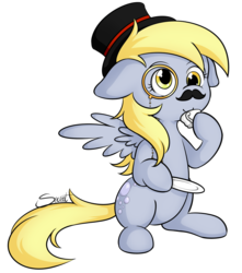 Size: 770x872 | Tagged: safe, artist:secret-pony, derpy hooves, pegasus, pony, g4, cup, cute, derpabetes, fancy, female, floppy ears, hat, hoof hold, like a sir, mare, monocle, moustache, simple background, sitting, solo, tea, teacup, top hat, transparent background