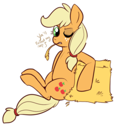 Size: 462x494 | Tagged: safe, artist:lulubell, applejack, earth pony, pony, g4, female, hatless, hay bale, missing accessory, one eye closed, simple background, sitting, solo, straw, transparent background
