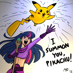 Size: 962x962 | Tagged: safe, artist:megasweet, artist:trelwin, twilight sparkle, human, pikachu, g4, belly button, crossover, diablo (series), diablo ii, humanized, midriff, nintendo, parody, pokémon, sorceress