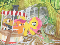 Size: 1123x850 | Tagged: safe, artist:foxxy-arts, daring do, doctor whooves, fluttershy, scootaloo, time turner, crocodile, g4, disney, disneyland, jungle cruise