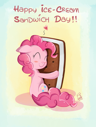 Size: 1536x2048 | Tagged: safe, artist:cainescroll, pinkie pie, earth pony, pony, g4, cute, diapinkes, female, food, heart, hug, ice cream, ice cream sandwich, solo