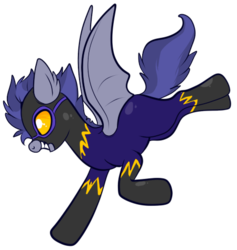Size: 450x475 | Tagged: safe, artist:lulubell, oc, oc only, bat pony, pony, bat pony oc, clothes, costume, flying, goggles, grin, shadowbolts, shadowbolts costume, simple background, smiling, solo, transparent background