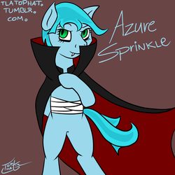 Size: 1000x1000 | Tagged: safe, artist:tlatophat, oc, oc only, oc:azure sprinkle, undead, vampire, vampony, brown background, cape, clothes, fangs, simple background, slit pupils