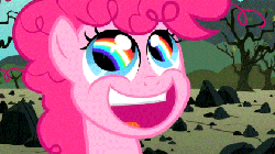 Size: 420x236 | Tagged: safe, screencap, pinkie pie, earth pony, pony, g4, season 1, the cutie mark chronicles, animated, eye reflection, female, filly, filly pinkie pie, frown, rainbow, reflection, reversed, rock farm, solo