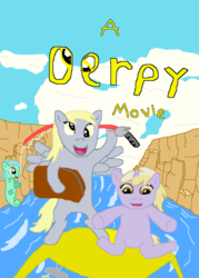 Size: 650x910 | Tagged: safe, artist:natry, derpy hooves, dinky hooves, lyra heartstrings, pegasus, pony, sea pony, unicorn, g4, a goofy movie, bag, car, carrying, cloud, cloudy, derp, female, filly, fishing, fishing rod, holding, mare, movie poster, open mouth, parody, river, seapony lyra, sitting, suitcase