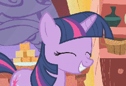 Size: 634x432 | Tagged: safe, screencap, twilight sparkle, pony, unicorn, g4, look before you sleep, season 1, animated, eyes closed, feather, female, floppy ears, golden oaks library, happy, mare, pillow, pillow fight, smiling, solo, unicorn twilight