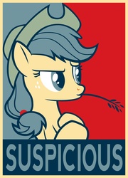 Size: 4000x5552 | Tagged: safe, applejack, earth pony, pony, g4, female, hope poster, mouth hold, obey, poster, propaganda, raised eyebrow, shepard fairey, smiling, solo, suspicious