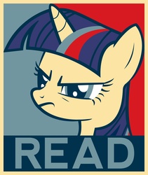 Size: 2100x2491 | Tagged: artist needed, safe, twilight sparkle, pony, g4, angry, female, frown, glare, high res, mare, poster, propaganda, read, solo