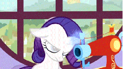 Size: 550x309 | Tagged: safe, screencap, rarity, pony, g4, season 1, the cutie mark chronicles, animated, female, filly, filly rarity, glowing horn, horn, rariquest, rarity being dragged to her destiny, sewing machine, solo, younger